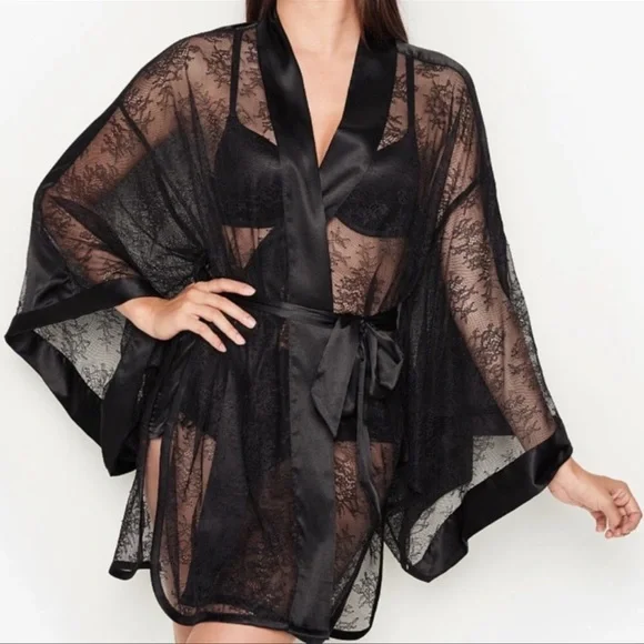 Robe Kimono Victoria's Secret Noir Satin – Taille Unique (convient S/M/L), Neuve Avec étiquettes